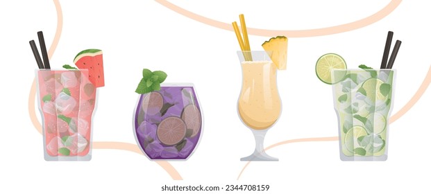 Set of different cocktails. Mojito, Manhattan, Pina Colada. Beach Holidays, summer vacation, party, cafe-bar, recreation concept. Vector illustration for banner, menu.