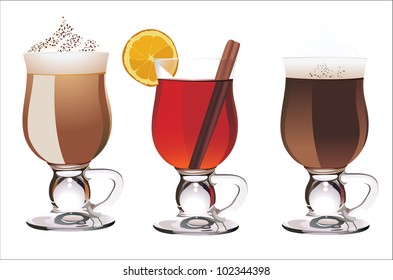 set with different cocktails on white background