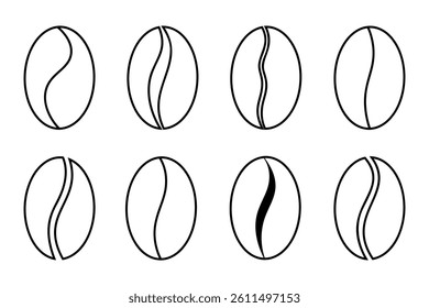 A set of different coffee beans, contour line drawing, black and white vector illustration, flat design. Graphic Coffee Flavored Simple icon element for decoration, design, label, cover