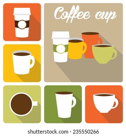 Set of different coffee cup icon. Vector illustration flat design with long shadow.