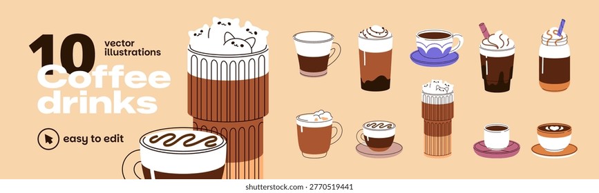 Set of different coffee. Cups of coffe with milk and latte art on foam. Mugs of various ice and hot beverages- cofee, cappuccino, cocoa, frappe and glace. Flat isolated vector illustrations