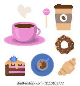 Set of different coffee cups and desserts. Pink cup of coffee, above view and coffee to go. Croissant, piece of cake, donut and lollipop