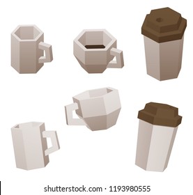Set of different coffee cups in geometric polygonal style. Vector illustration.