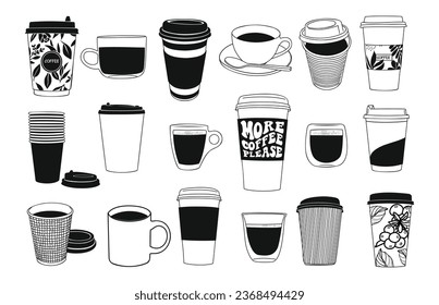 Set of different coffee cups. Hand drawn line doodle style cafe illustrations, black line icons, cafe logo, take out cup and various coffee sorts. Monochrome vector sketch drawing collection isolated.