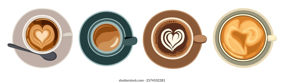 Set of different coffee cups top view. Cappuccino, americano, espresso coffee mugs from directly above. Colorful flat vector illustration isolated on white background