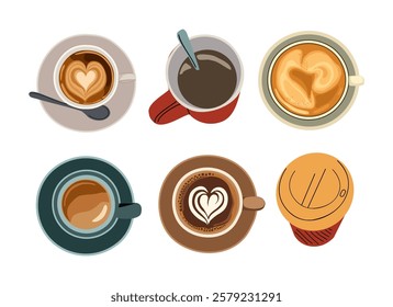 Set of different coffee cups top view. Cappuccino, americano, espresso coffee mugs, disposable takeaway paper cup from directly above. Colorful flat vector illustration isolated on white background