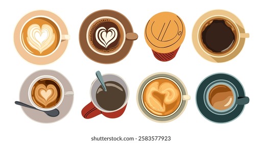 Set of different coffee cups top view, espresso, cappuccino, latte with milk foam in heart shape, disposable paper takeaway coffee cup with lid, americano in mug. Flat vector illustrations isolated 