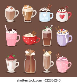 Set of different coffee cups types mug with foam beverage glasses vector illustration.