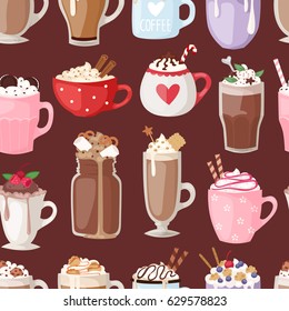 Set of different coffee cups types mug with foam beverage glasses vector illustration seamless pattern