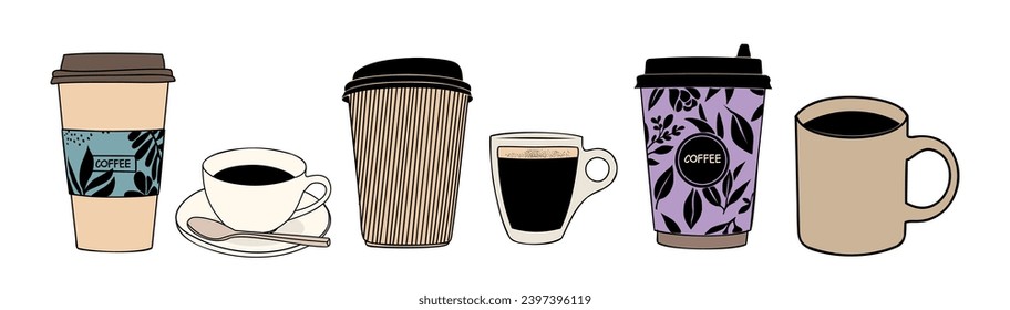 Set of different coffee cups vector isolated.