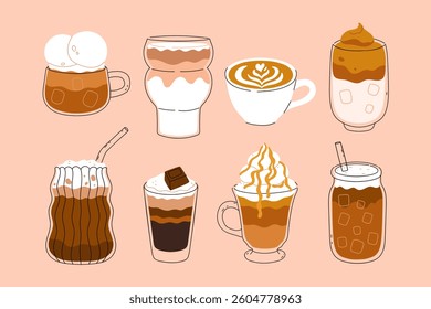 Set of different coffee drinks in beautiful glasses and mugs. Vector graphics.