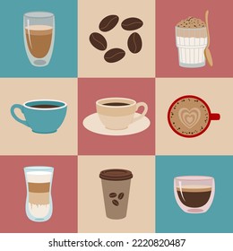 Set of different coffee drinks in ceramic and glass dishes. Espresso, latte, americano, dalgona coffee. Hand drawn vector illustration isolated on colored background. Modern flat cartoon style.