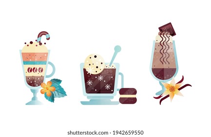 Set of Different Coffee Drinks, Glass Cups of Aroma Beverages, Menu Design Flat Vector Illustration