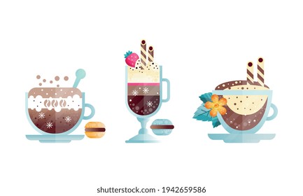 Juego de diferentes bebidas de café, copas de vidrio de bebidas de Aroma Ilustración vectorial plana