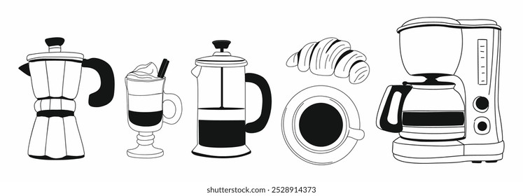 Set of different coffee elements, Coffee cups, croissant, coffee pot, coffee machine, french press. Collection of Hand drawn doodle line art vector illustrations isolated on white background