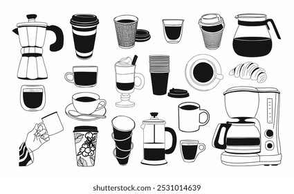 Conjunto de diferentes Elementos de café, tazas de café, croissant, cafetera, cafetera, prensa francesa. Colección de Ilustraciones vectoriales dibujadas a mano del arte de la línea del doodle aisladas en el fondo blanco