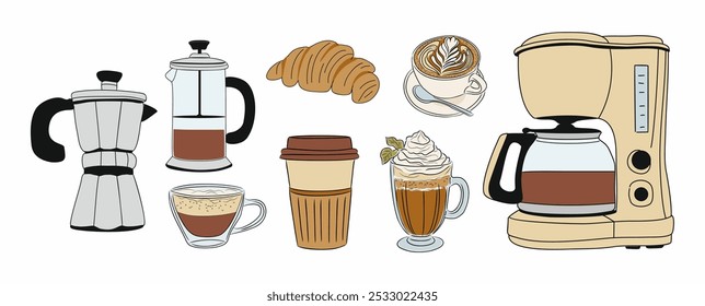 Set of different coffee elements, Coffee cups, croissant, coffee pot, coffee machine, french press. Collection of Hand drawn colored outline vector illustrations isolated on white background