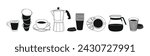 Set of different coffee elements line art drawing.