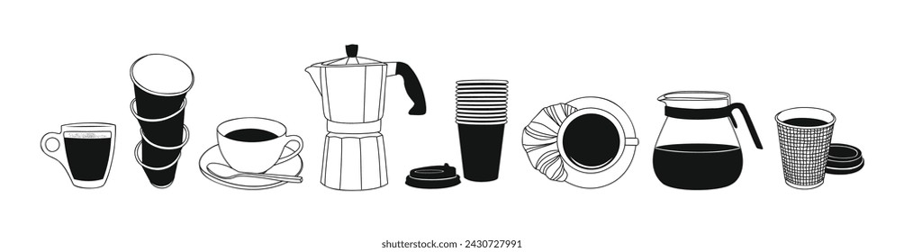 Set of different coffee elements line art drawing.