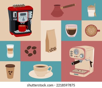 Set Of Different Coffee Elements. Coffee Machines, Cups And Mugs With Hot Drink. Hand Drawn Vector Illustration Isolated On Colored Background. Flat Cartoon Style.