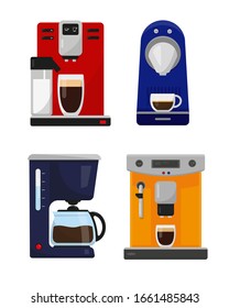 Set Of Different Coffee Makers And Coffee Machines For Home And Office On White Background. Vector Illustration.