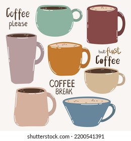 A set of different coffee mugs and inscriptions about coffee in a flat style