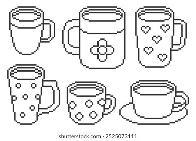 Conjunto de diferentes canecas de café no estilo pixel. Ilustração vetorial