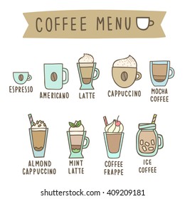 Set of different coffee style drinks. Can be used for menu design. Vector hand drawn illustration