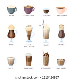 Set of different coffee types. Americano and cappuccino, espresso and mocha. Hot cup of drink for breakfast with milk. Vector illustration in cartoon style