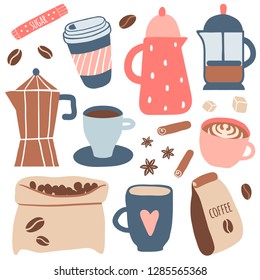 Set of different coffee types: americano, cappuccino, espresso, raf, mocha. Hot cup of drink for breakfast, kettle, mug, beans. Vector illustration in cartoon style