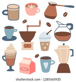 Set of different coffee types: americano, cappuccino, espresso, frappe, raf, mocha. Hot cup of drink for breakfast, kettle, mug, milk. Vector illustration in cartoon style