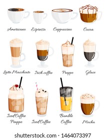 Set with different coffee types.Vector illustration for poster or menu