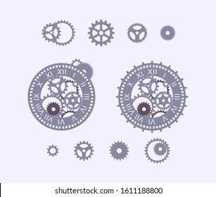 Set of different cogwheel and clocks with gears. Mechanism. Steampunk. Vector template, design elements for signage, labels, emblem and print 