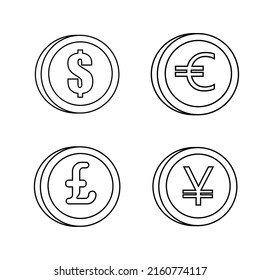 Set of different coins in line style. Dollar, euro, pound, yen. Vector flat illustration
