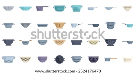 Set of different colanders for cooking, kitchen strainer icons in flat style, isolated on white background