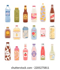 Set of different cold drinks in glass, plastic bottles, aluminum cans with colorful labels and packaging design. Soda, water, juice, lemonade, sweet beverages, cocktails. Doodle style. Vector.