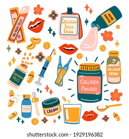 Set of different collagen types. Drink, jelly, powder, cream, injection, etc.  Trendy beauty supplement and ingredient for the skin.