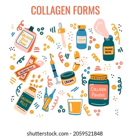 Set of different collagen types. Drink, jelly, powder, cream, injection, etc.  Trendy beauty supplement and ingredient for the skin.