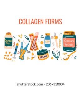Set of different collagen types. Drink, jelly, powder, cream, injection, etc.  Trendy beauty supplement and ingredient for the skin.