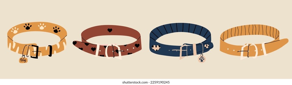 Conjunto de diferentes cuellos para gatos y perros. Accesorios para mascotas. Ilustración dibujada a mano por el vector