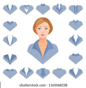Set of different collars in various design. Fitting the clothes on the model. Selection of the style of the collar. Modeling of clothes. Vector illustration.