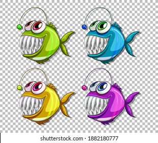 Set of different color angler fish cartoon character on transparent background illustration