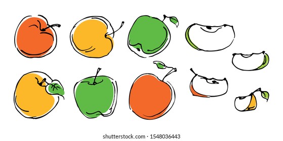 set of different color apples and apple slices hand-drawn sketch on white background