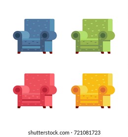 Set of different color armchairs. Collection types seating in flat style. Beautiful design elements. Colorful comfort chair. Isolated flat vector illustration.