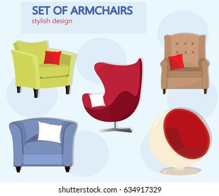 Set of different color armchairs on blue background. Flat style vector illustration.