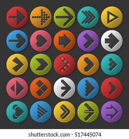 Set of different color Arrow icons on black background, Element for different. web objects, kind of design. Next step, button, vector illustration.