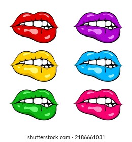 Set of different color biting lips. Vector illustration.