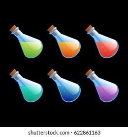 Set of different color bottles game icons. Cartoon vector illustration to create mobile or web games, graphic design. Asset for app user interface isolated on black background.