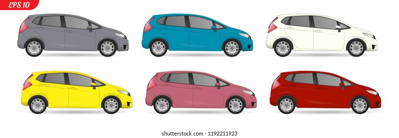 Set of different color car model, side view. Isolated on white background. Family car, hybrid model, green technologes. Grey, blue, white, yellow, pink and red color body.