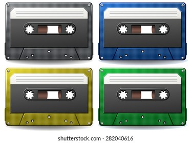 Set of different color cassettes on white background